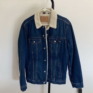 GAP Dark Blue Denim Jacket with Cream Sherpa Collar